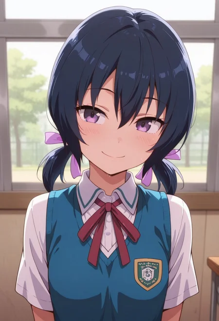 masterpiece,best quality,amazing quality, funabori, dark blue hair, purple eyes, twintails, 1girl, solo, school uniform, smile, ribbon,  low twintails, hair ribbon