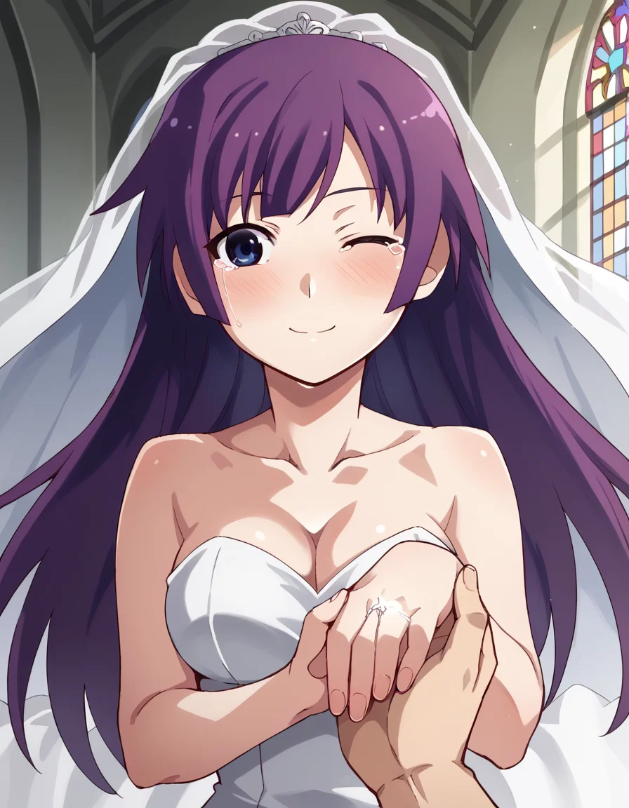 score_9, score_8_up, score_7_up, source_anime, hitagisenjougahara, <lora:hitagi-senjougahara-anime-ponyxl-lora-nochekaiser:1>, senjougahara hitagi, bangs, long hair, blue eyes, purple hair, medium breasts,, <lora:wedding-ring-ponyxl-lora-nochekaiser:1>, wedding ring, marriage proposal, pov, pov hands, hand grab,, blush, wedding dress, white dress, veil, one eye closed, tears, church, smile, bare shoulders, collarbone, cleavage,, dutch angle, looking at viewer, cowboy shot,
