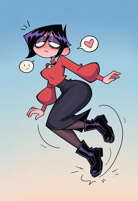 IllustriousQual, masterpiece, best quality, amazing quality, very aesthetic, absurdres, 1girl, solo,
solo, levitation, floating, motion blur , sky, in the air,, aroused, full-face blush, nosebleed, spoken heart, expressionless, o.o, flustered, surprised, charmed,, low angle view,
<lora:ValbunStyle-IL:0.9> valbun, black hair, short hair, half-closed eyes, bags under eyes, red sweater, puffy long sleeves, black skirt, very long skirt, black pantyhose, black boots, purple eyeshadow, eyelashes, black lips, black eyes,
