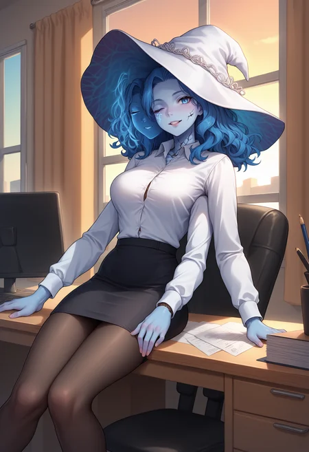 score_9, score_8_up, score_7_up, 1girl, <lora:Ranni_pdxl_Incrs_v2:1>, IncrsRnnThWtch, blue eyes, one eye closed, blue hair, wavy hair, (4 arms:1.1), (multiple faces:1.1), (blue skin:1.1), (colored skin:1.1), cracked skin, doll joints, witch hat, white headwear, office lady, office, office chair, table, window, sunset, seductive smile, black pencil skirt, white shirt, black pantyhose, sitting,