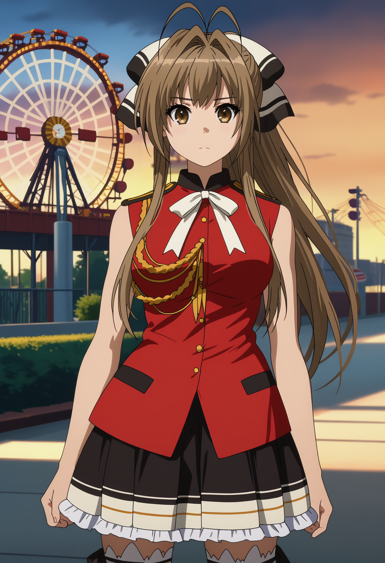 score_7_up, anime screencap,
<lora:AmagiBrilliantPark_SentoIsuzuXL:0.9>,
1girl, solo, closed mouth,
long hair, ponytail, brown hair, antenna hair, hair intakes, brown eyes, hair bow,
SentoShirt, sleeveless shirt, red shirt, epaulettes, aiguillette, neck ribbon, white ribbon, multicolored skirt, frilled skirt, black skirt, white thighhighs,
standing, looking at viewer,
blurry background, outdoors, amusement park, ferris wheel