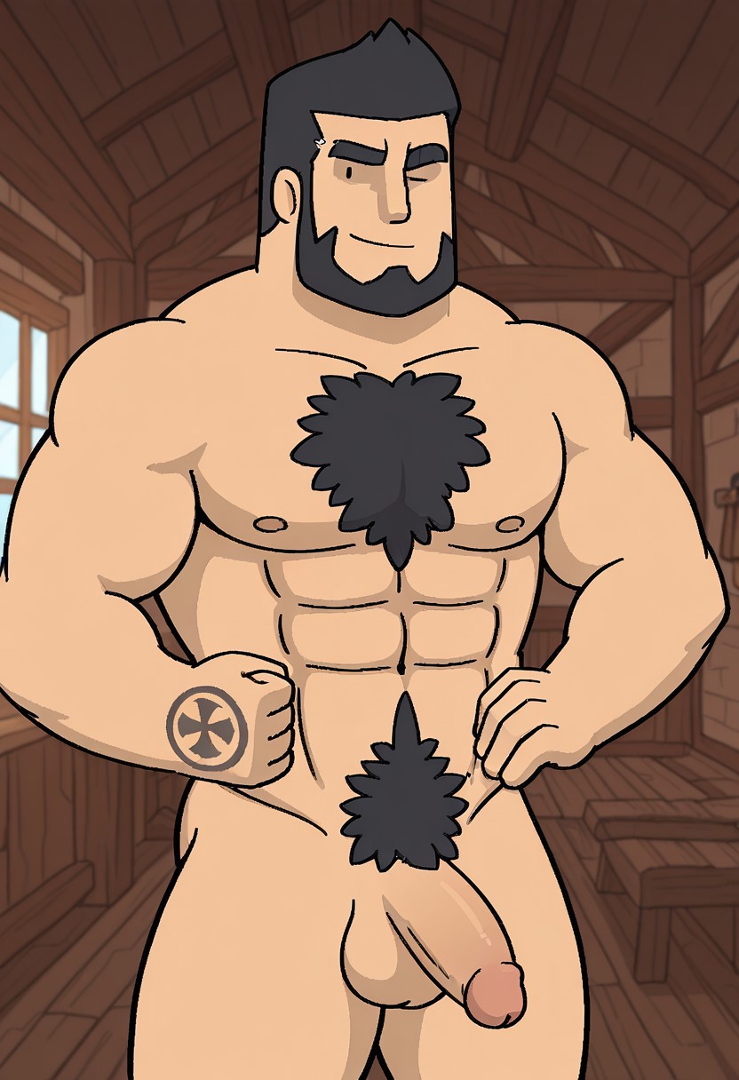 detailed background, detailed background, masterpiece, perfect quality, best quality, detailed, newest, very aesthetic, RafaeloRMA, facial hair, short hair, bara, solo, beard, smile, black hair, 1boy, male focus, wood workshop background, pectorals, abs, muscular, smile, chest hair, looking at viewer nude, black dot eyes, (((one eye closed, raised eyebrow, winking))), girthy penis, erect, balls,