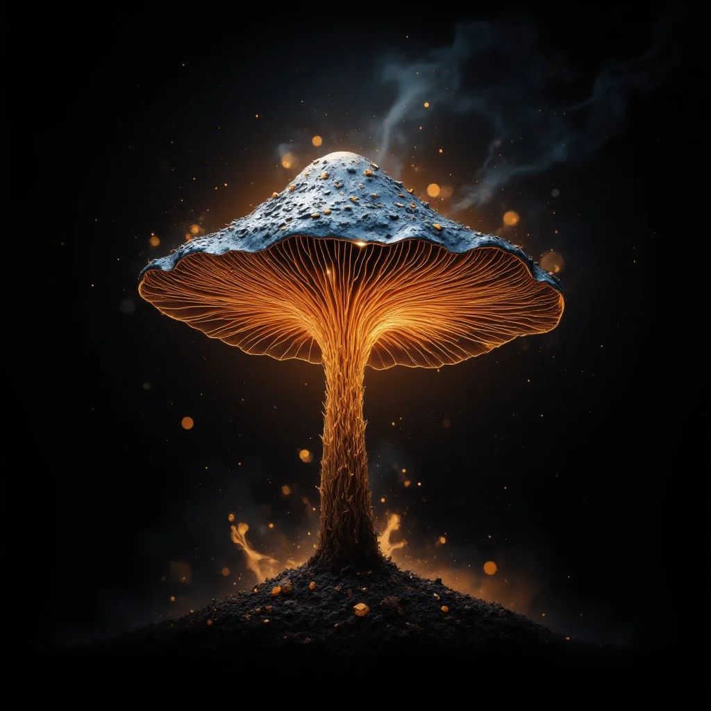 mushroom made out of singular intricately flowing light strands against a black background, swirling particles, abstract graphics, contours of a burning tree hidden in smoke, majestic, concept art, flowing light, glowing dust