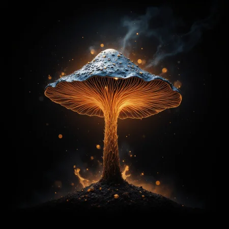 mushroom made out of singular intricately flowing light strands against a black background, swirling particles, abstract graphics, contours of a burning tree hidden in smoke, majestic, concept art, flowing light, glowing dust