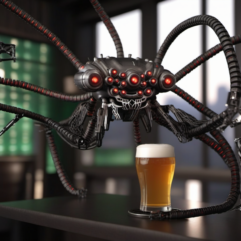 SentinelsMatrix1024, a robot spider having a beer in a pub , highly detailed, photography, ultra sharp, film, bokeh, professional, 64k  <lora:SentinelsMatrix1024:0.8>