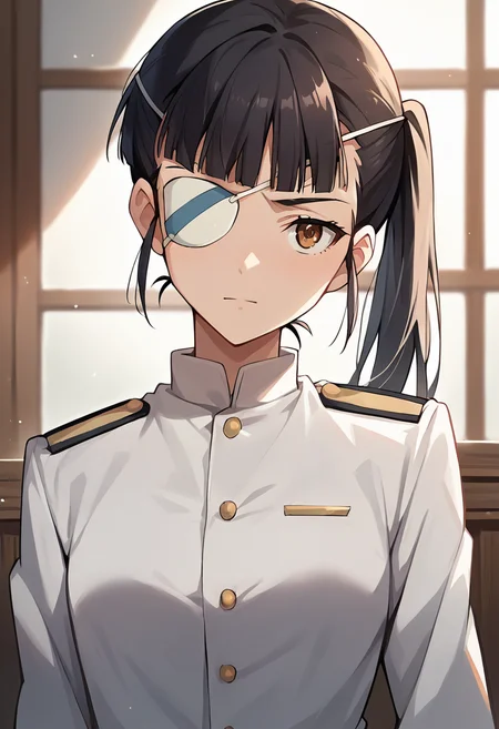 score_9, score_8_up, score_7_up, source_anime, masterpiece, 1girl, ctianmio, white uniform, eyepatch, no pants, looking at viewer, <lora:Mio_Sakamoto_strike_PONY_ct:0.8>