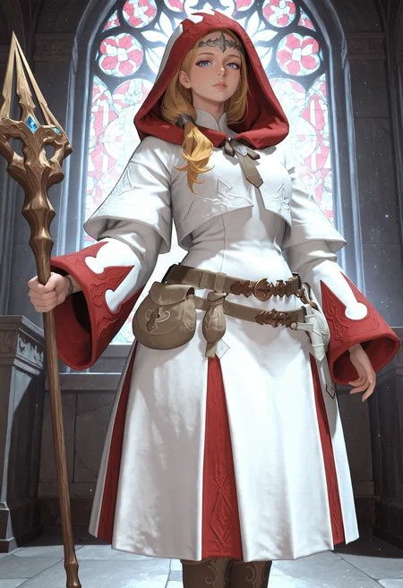, best quality, absurdres, highres, newest, <lora:cfg_scale_boost:.7>, 1girl, solo , church, stained glass,  <lora:WhiteMage_IL:1> whmaf, white robe, brown belt, belt pouch, brown boots, silver circlet, hood, hood up, holding staff, dynamic pose, casting spell, looking at viewer, motherly, mature female, blonde hair, blue eyes, side ponytail, hair over shoulder,  cowboy shot,
