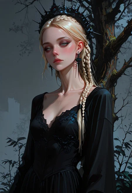 cowboy shot, dutch angle, depth of field, soft luminescent glow,
masterpiece, best quality, amazing quality, very aesthetic, realistic, detailed texture, highly detailed,
chiaroscuro, vignetting, upper_body,
woman, regal, long_hair, pale_skin, blush, looking_at_viewer, blue_eyes, blonde_hair, complex braid, medium_breasts, jewelry, closed_mouth, collarbone, earrings, white_hair, narrowed_eyes, grey_eyes, eyelashes, makeup, expressionless, black steel crown, forehead, black dress, layered, lace, fantastic, royalty, severe,
tree,
fantasy setting, simple_background, grey_background, original,
STP-Illu