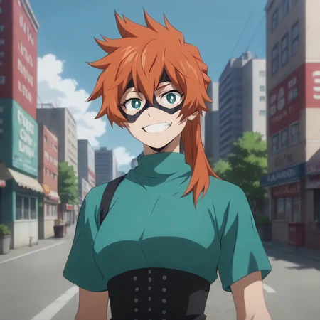 <lora:SlimesKendo:1>, score_9, score_8_up, score_7_up, slimes_kendo, orange hair, woman, solo, city background, smiling