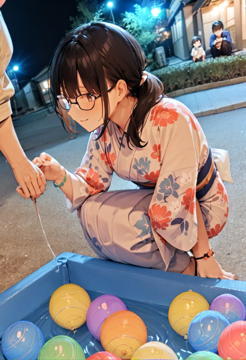 masterpiece, best quality, very aesthetic, absurdres,
mizufusen, 1girl, glasses, yukata, 1boy, night, squatting, outdoors, black hair, bracelet, long sleeves, floral print, water balloon fishing, night, summer, paper lantern, blurry background, 
 <lora:mizufusen_SDXL_V1:0.8>
