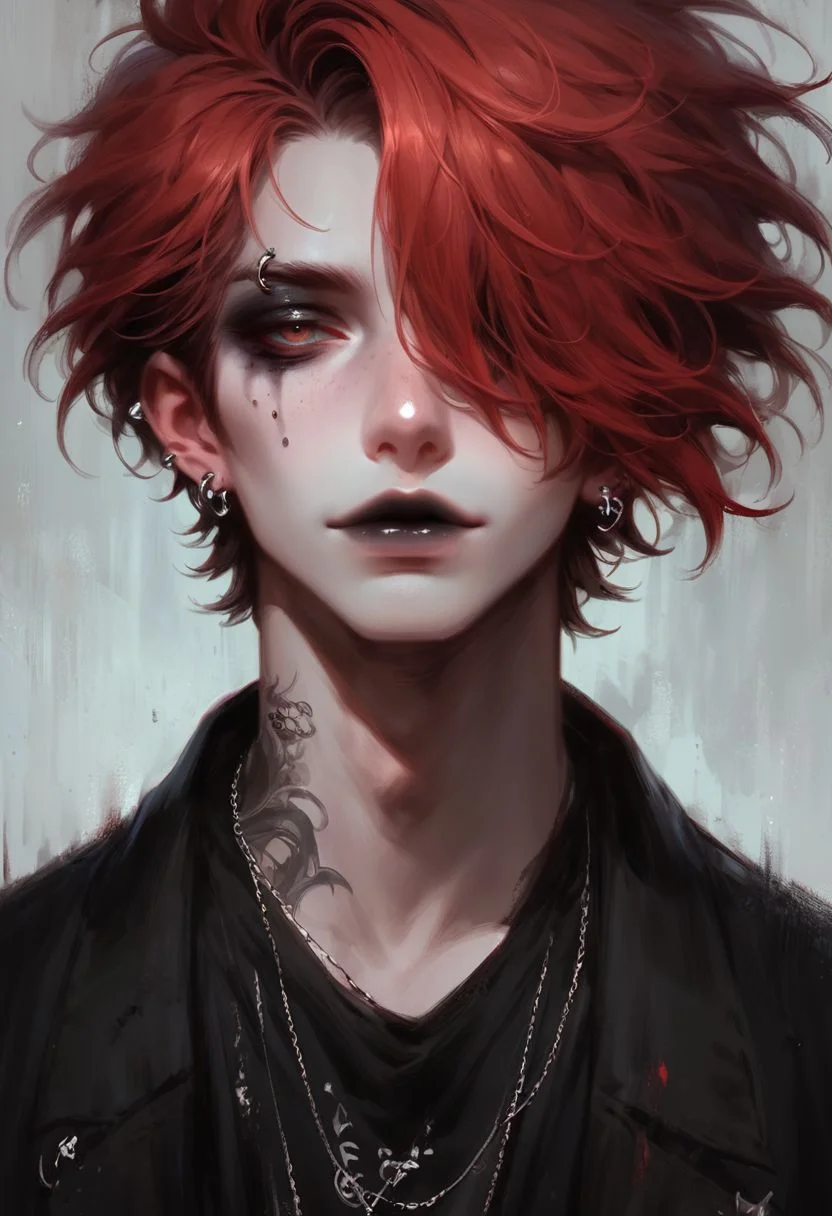 score_9, score_8_up, score_7_up, score_6_up, 1boy, male focus, dark red hair, goth, Japanese, gothic makeup, dgns, solo, black lips, piercing
