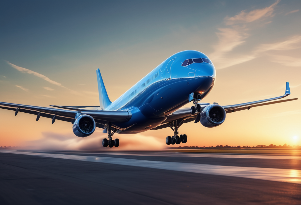 (medium full shot) of (spacious expansive blue airplane) with advanced-composite fuselage, hybrid engines, large windows, LED lighting, set in  taking off from the runway, lifting gracefully into the sky, the airplane beginning its journey, during sunset, ,Masterpiece,best quality, raw photo, realistic, very aesthetic