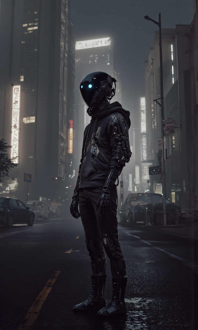 . A digital illustration shoot from a side camera angle about a futuristic cyberpunk scene featuring a humanoid robot standing confidently in a dimly lit urban environment. the image also shows a cybernetic humanoid robot with a sleek black helmet and glowing blue eyes, wearing a black hoodie and pants, standing in the middle of the image. the robot, positioned in the center of the frame, is facing the viewer, with its full body visible. it appears to be a male, with a slim body, wearing black boots and a black jacket with a hood, and has a glowing blue light on its face, giving it a futuristic and cyberpunk aesthetic. the scene is set in an urban environment, with tall buildings and neon signs in the background, and a foggy atmosphere with a muted color palette, creating a sense of depth and atmosphere. the overall mood is dark and moody, with the robot standing out against the cityscape.