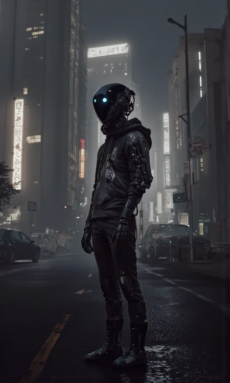 . A digital illustration shoot from a side camera angle about a futuristic cyberpunk scene featuring a humanoid robot standing confidently in a dimly lit urban environment. the image also shows a cybernetic humanoid robot with a sleek black helmet and glowing blue eyes, wearing a black hoodie and pants, standing in the middle of the image. the robot, positioned in the center of the frame, is facing the viewer, with its full body visible. it appears to be a male, with a slim body, wearing black boots and a black jacket with a hood, and has a glowing blue light on its face, giving it a futuristic and cyberpunk aesthetic. the scene is set in an urban environment, with tall buildings and neon signs in the background, and a foggy atmosphere with a muted color palette, creating a sense of depth and atmosphere. the overall mood is dark and moody, with the robot standing out against the cityscape.