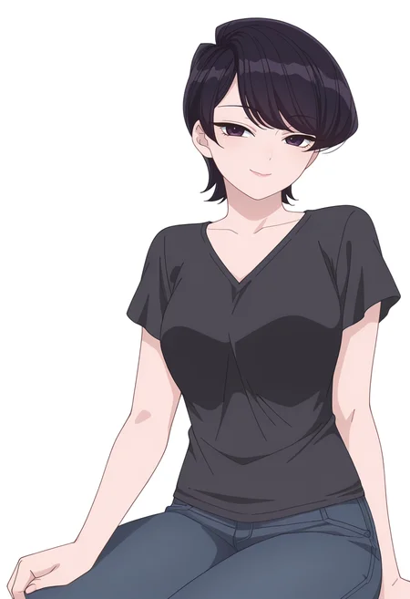 Smooth Quality,masterpiece,very intricate, high quality details, ultra realistic, high detailed skin,detailed enviorement,
simple background, white background, seductive smile,
sitting, 
 <lora:Komi_Shuuko_cnn:0.8> komishuukocnn, 1girl,black hair, short hair, bangs, purple eyes,mature female,
shirt, jeans, short sleeves,
