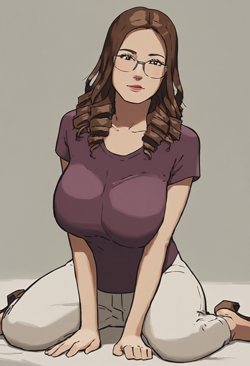 score_9, score_8_up, score_7_up, 1girl, large_breasts, mature_female, portrait, solo, looking_at_viewer, open_eyes, Kneeling and pretending to search for lost glasses, dutch_angle, (Magenta T-shirt), ringlets, wedge, Chestnut Brown hair, drydock, face, rating_safe, <lora:pony\artist_styles\izayoi_no_kiki_pony:1.0>
