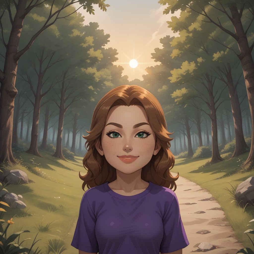 score_9, score_8, BREAK, solo, wii, mii, wii sports, 1girl, female mii, brown hair, green eyes, brown eyebrows, blush, lips, purple clothing, white pants, barefoot, breasts, nintendo mii, modern_mii, classic_mii, Jane_(Wii_Fit), sexy pose, self portrait, smile, outdoors, sunlight, shadows, evening lighting, natural lighting, forest, trees, grass, orange sky, sunset