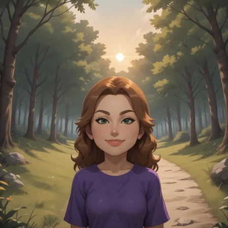 score_9, score_8, BREAK, solo, wii, mii, wii sports, 1girl, female mii, brown hair, green eyes, brown eyebrows, blush, lips, purple clothing, white pants, barefoot, breasts, nintendo mii, modern_mii, classic_mii, Jane_(Wii_Fit), sexy pose, self portrait, smile, outdoors, sunlight, shadows, evening lighting, natural lighting, forest, trees, grass, orange sky, sunset