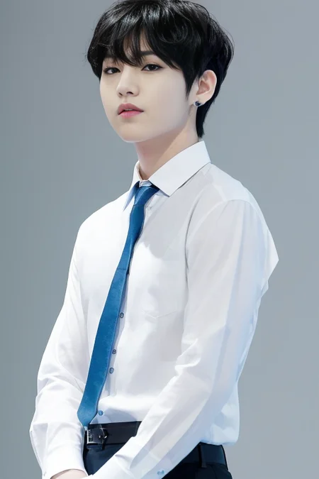 (1boy), (best quality), (masterpiece), (high resolutionsolo), <lora:kboys:0.5>
solo, shirt, male focus, white shirt, blue background, black hair, looking at viewer, simple background, realistic, short hair, fingerless gloves, earrings, upper body, collared shirt, jewelry, black eyes