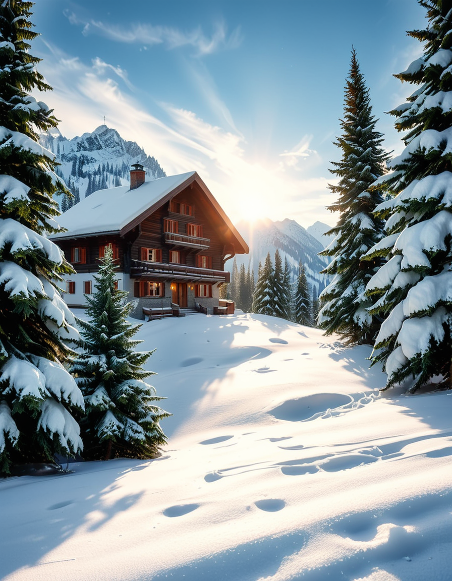 A cozy wooden chalet nestled in a serene winter landscape, surrounded by tall, snow-covered pine trees. Warm golden lights glow from the chalet's windows, contrasting with the crisp, cold air of the snowy evening. A thick layer of fresh snow blankets the ground, with a few footprints leading to the wooden front door. Smoke gently rises from the chimney, suggesting a warm fire inside. The sky is a soft twilight blue, with the first stars beginning to appear. In the foreground, a wooden fence partially covered in snow adds to the rustic charm. A small stack of firewood is neatly arranged near the entrance. The atmosphere is peaceful and inviting, evoking a sense of warmth and solitude in the midst of nature. The art style is hyper-realistic with soft lighting and high detail, emphasizing the texture of the wood, snow, and trees.
<lora:SDXLFaeTastic2400:0.4> <lora:extremely_detailed:0.4> extremely detailed, <lora:winter_l4ndsc4p3:1>,winter l4ndsc4p3, Masterpiece,best quality,hi res,8k,hi res,8k,award winning,(sharp focus, intricate, highly detailed),