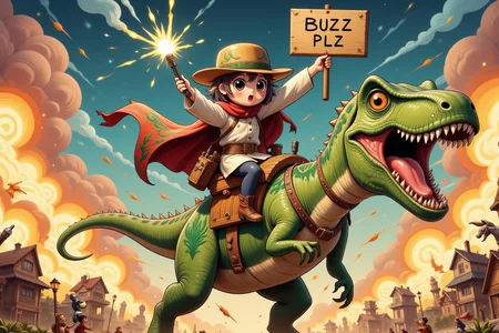 An anime illustration, wide shot of a cowboy riding a t-rex with a little girl in the foreground and explosions in the background. The little girl is holding a placard above her head. Placard text: "BUZZ PLZ". The cowboy is wearing a cape embroidered with green flames and is holding a flare gun. Extremely detailed with rococo aesthetic.