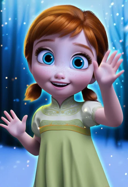 1girl, solo, anna, blue eyes, freckles, auburn hair, twintails, short twintails, green dress, relaxed eyes, waving, looking at viewer, foggy breath, child, outdoors, snowy forest, northern lights, aurora, dramatic lighting, sparkling lights, volumetric lighting, cinematic,