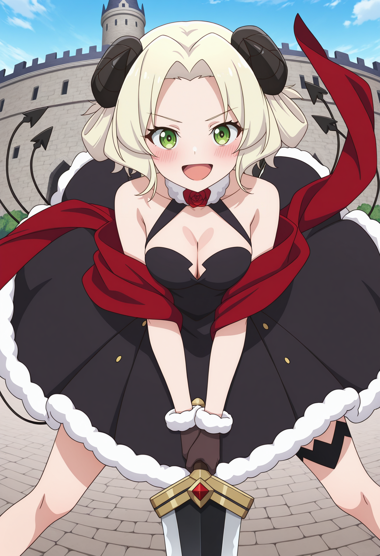 highres, best quality, masterpiece, outdoors, castle,
1girl, solo, sl300pec, short hair, blonde hair, horns, > <,  multiple tails, demon tail,
black dress, fur trim, halterneck, rose, bare shoulders, cleavage, sleeveless, gloves, red shawl, thigh strap, green eyes, 
anime screencap,
looking at viewer, blush, smile, open mouth, serious,
holding sword, greatsword, dynamic pose, fisheye, 
<lora:_pecora_slime300-elesico-ilxl-000014:1>