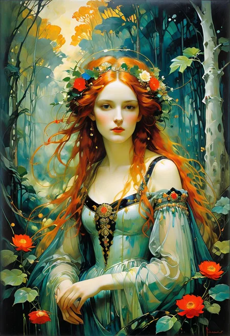 Pre-Raphaelite painting blending the styles of Ferdinand Hodler and Gustav Klimt featuring Ophelia, teen girl central in a surreal jungle, intersecting unconventional realms, vivid cityscapes mingle with space-like extraterrestrial landscapes, grand ecclesiastical architecture, dazzling color palette, individuals in peculiar, distinctive costumes dynamically posed, background pulsates with an ethereal light,