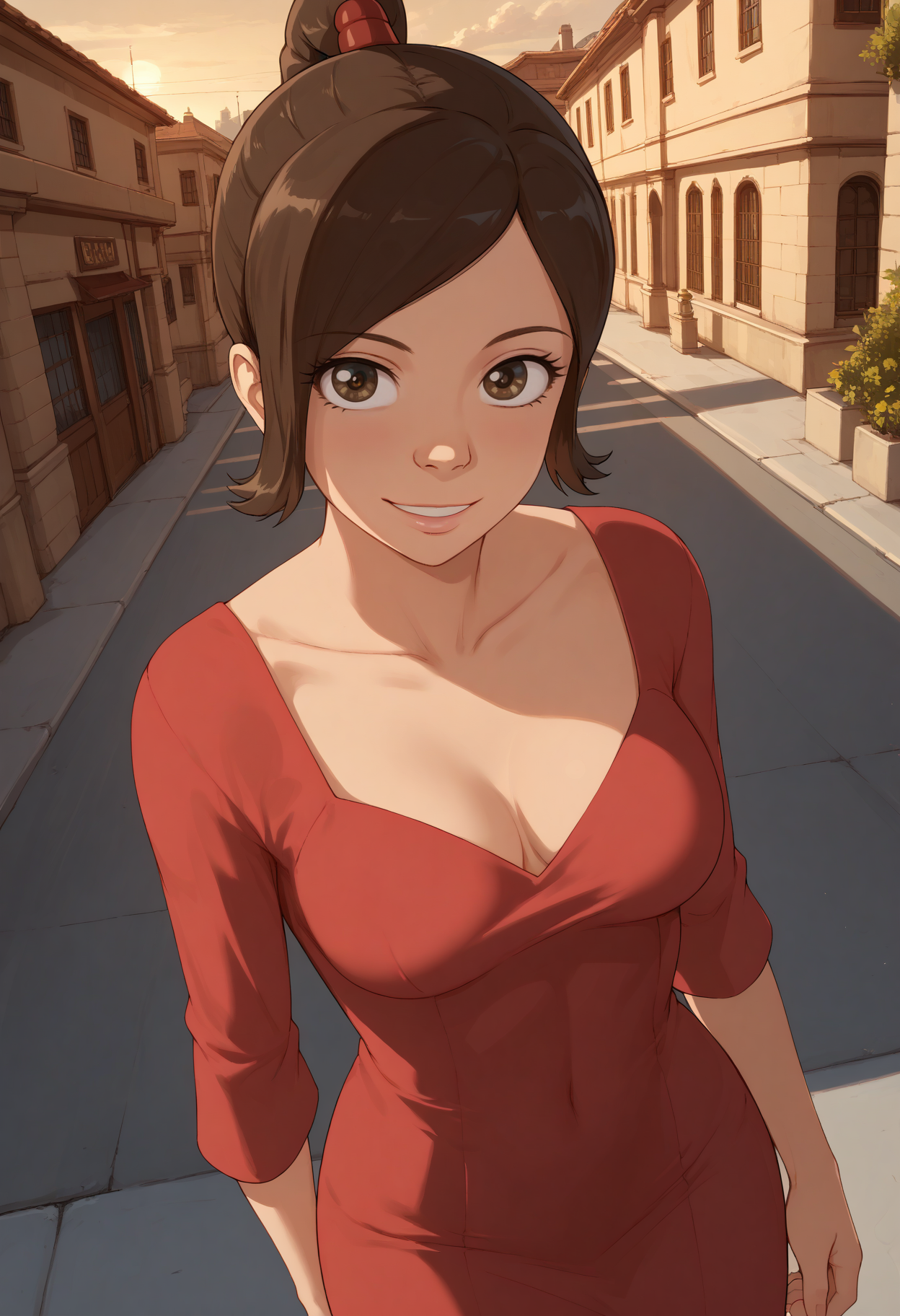 score_9, score_8_up, score_7_up, score_6_up, score_5_up, censored, best quality, high detail, volumetric lighting, dark, shadow, <lora:StS_PonyXL_Detail_Slider_v1.4_iteration_3:4>, <lora:add-detail-xl:2>, <lora:NM_TyLee_atla:1>, BREAK NM_TyLee_atla, 1girl, solo, brown eyes, brown hair, short hair, ponytail, breasts, medium breasts, dress, evening dress, looking at viewer, outdoors, elegant, very aesthetic, japanese , dynamic angle, smile, happy girl, dutch angle