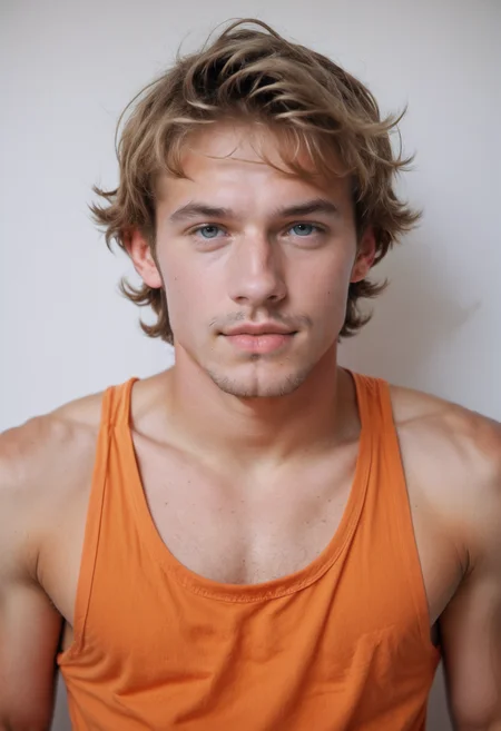 score_9, score_8_up, score_7_up, photo, photorealistic, portrait photo, <lora:fratbrat_sean_pony_epoch_3:1> 1boy, frtbrt_sn wearing an orange tank-top shirt, white background