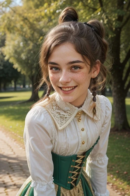 an extremely delicate and beautiful 18yo German girl, young, black hair caught in a bun, golden hairnet with pearls, lightly disheveled hair, strolling through the Englischer Garten in Munich, perky breasts, seductive smile, looking sideways at viewer, happy, pigtails, freckles, (natural detailed skin texture:1.1), (moles, abs:0.7), playful, happy, head tilted sideways, perfect white teeth, (white teeth),soft, volumetric light, extremely detailed, intricate detailed victorian long blue and green dress, white lace blouse, with underbust corset laced with golden straps, deep cleavage, subsurface scattering, pokies, covered nipples, remarkable color, ultra realistic, textured skin, remarkable detailed pupils, realistic dull skin noise, visible skin detail, skin fuzz, dry skin, bokeh, sharp focus on subject, (extremely detailed face, beautiful eyes, detailed eyes, symmetric eyes, seductive eyes, slim face:1.3),