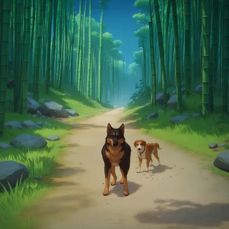 score_9, score_8_up, score_7_up, G3NSHIN, dog, animal, no humans, looking at viewer, stripped fur, yellow eyes, stone, grass, bamboo, bamboo forest, dirt, path, nature, scenery, outdoors, night, full body,