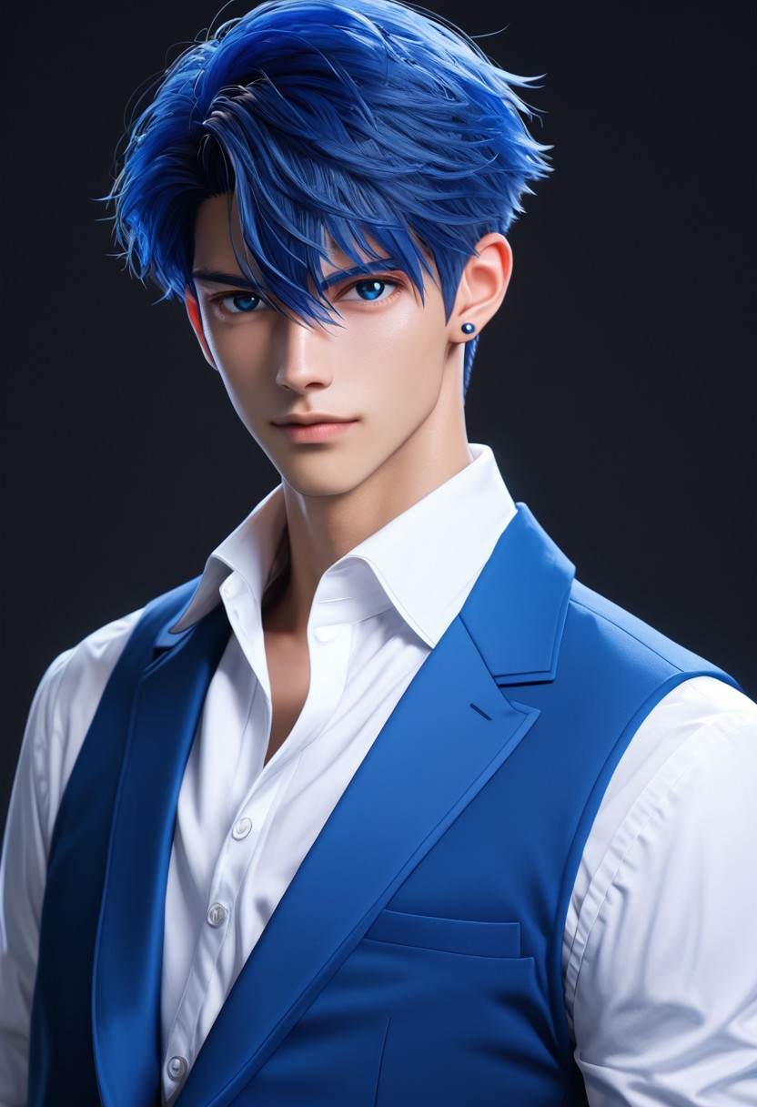 Kuvshinov_Ilya, niji3d, aromasensei, 748cm, beitemian, wlopwangling, ttguweiz, fugtrup, score_9, score_8_up, score_7_up, solo, looking at viewer, short hair, bangs, blue eyes, simple background, shirt, long sleeves, 1boy, hair between eyes, jewelry, closed mouth, blue hair, jacket, white shirt, upper body, male focus, earrings, collared shirt, vest, formal, suit, black background, male child