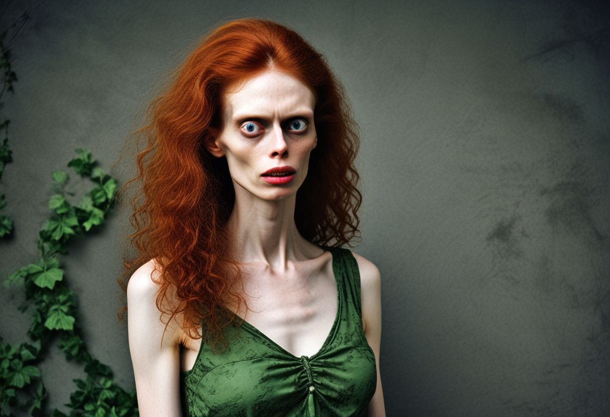 photo of (helga) red hair, 1girl ugly, masterpiece, cinematic lighting, Poison Ivy, beautiful face, seductress, flirtatious, ((evil theme, corrupt)), luscious green lips, green lipstick, green eyes, closed mouth, standing, (leaning on wall), hand on hip, arm support, skimpy nature lingerie, dryad, tangled in ivy, tied in ivy, covered in ivy, poisonous gas, ((mutated plants, mutated nature, many plants)), hair leaf, nature, large breasts, breasts apart, very long hair, dark red hair, detailed background, complex background, intricate body, solo,