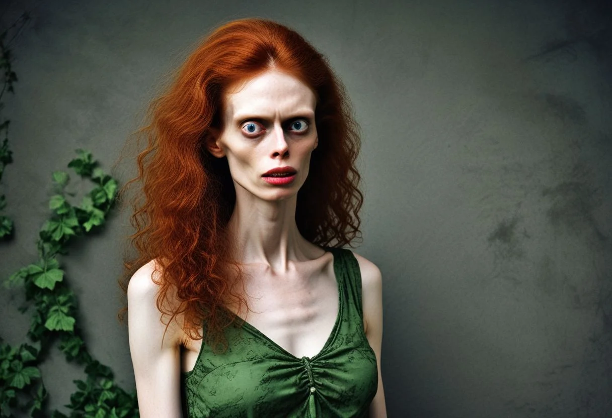 photo of (helga) red hair, 1girl ugly, masterpiece, cinematic lighting, Poison Ivy, beautiful face, seductress, flirtatious, ((evil theme, corrupt)), luscious green lips, green lipstick, green eyes, closed mouth, standing, (leaning on wall), hand on hip, arm support, skimpy nature lingerie, dryad, tangled in ivy, tied in ivy, covered in ivy, poisonous gas, ((mutated plants, mutated nature, many plants)), hair leaf, nature, large breasts, breasts apart, very long hair, dark red hair, detailed background, complex background, intricate body, solo,
