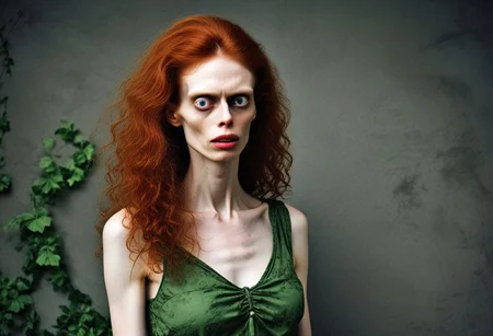photo of (helga) red hair, 1girl ugly, masterpiece, cinematic lighting, Poison Ivy, beautiful face, seductress, flirtatious, ((evil theme, corrupt)), luscious green lips, green lipstick, green eyes, closed mouth, standing, (leaning on wall), hand on hip, arm support, skimpy nature lingerie, dryad, tangled in ivy, tied in ivy, covered in ivy, poisonous gas, ((mutated plants, mutated nature, many plants)), hair leaf, nature, large breasts, breasts apart, very long hair, dark red hair, detailed background, complex background, intricate body, solo,