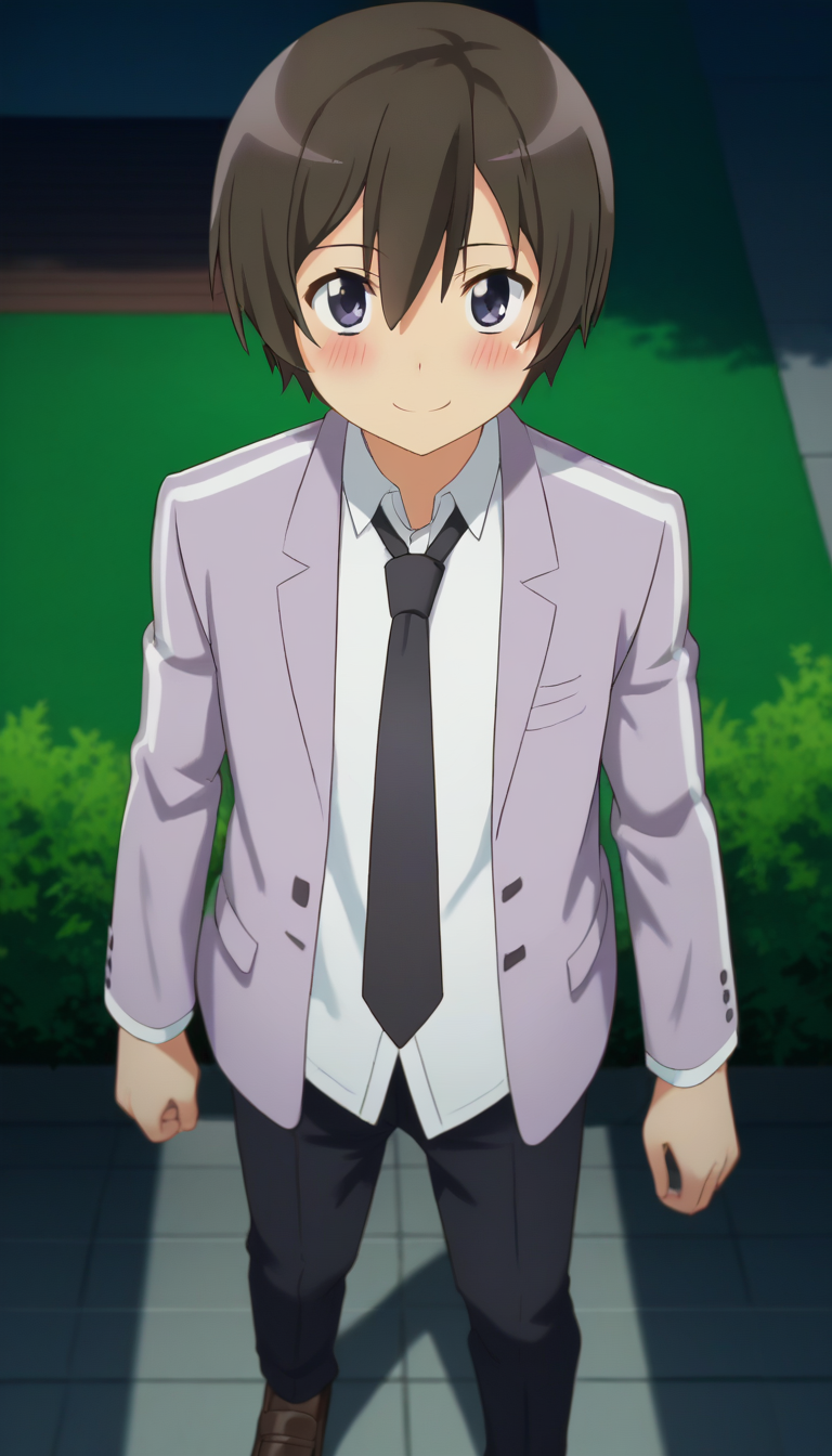 score_9,score_8_up,masterpiece,best quality,correct anatomy,anime_source,1boy,solo,perfect eyes,perfect arms,perfect legs,perfect face,outdoors,upper body,(portrait:1.5),looking at viewer,facing viewer,smile,blush,Yasaka Mahiro,short hair,black hair,hair between eyes,bangs,grey eyes,school uniform,grey jacket,Blazer,black necktie,white shirt,collared shirt,long sleeves,black pants,loafers,brown footwear,<lora:Yasaka Mahiro(hns)-Pony:1.6>,
