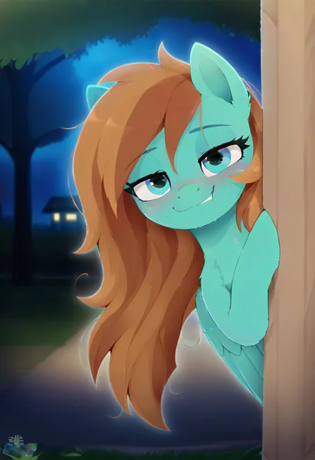 score_9, score_8_up, score_7_up, depth of field, ambient occlusion, cel shading, black illustration lines, clean outlines, cinematic lighting, my little pony, cartoon, pegasus, dark green fur, two toned hair, brown hair, green hair, long messy hair , turquoise eyes, pegasus wings, pony ears, fur, cute, smug expression, :3, , looking at viewer, hoovesart, dagasi_style, furry, solo, park, night, peeking out, upper body, hiding behind tree,