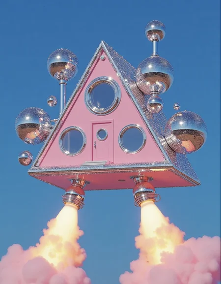 A beautiful house in Triangular looking housing structure is floating in the air , it features a shiny circular disco ball like extensions made from what appears to be a reflective shiny material at the top and sides of the building, the building features circular windows and a rectangular door. The overall house color is pink and the underneath of the house features jet engine , a huge firey blast emitts from the jet engine , the underneath of the house is only has the two jet engines made from a shiny silver material. The background is blue clear skies and plane marbel flooring ,