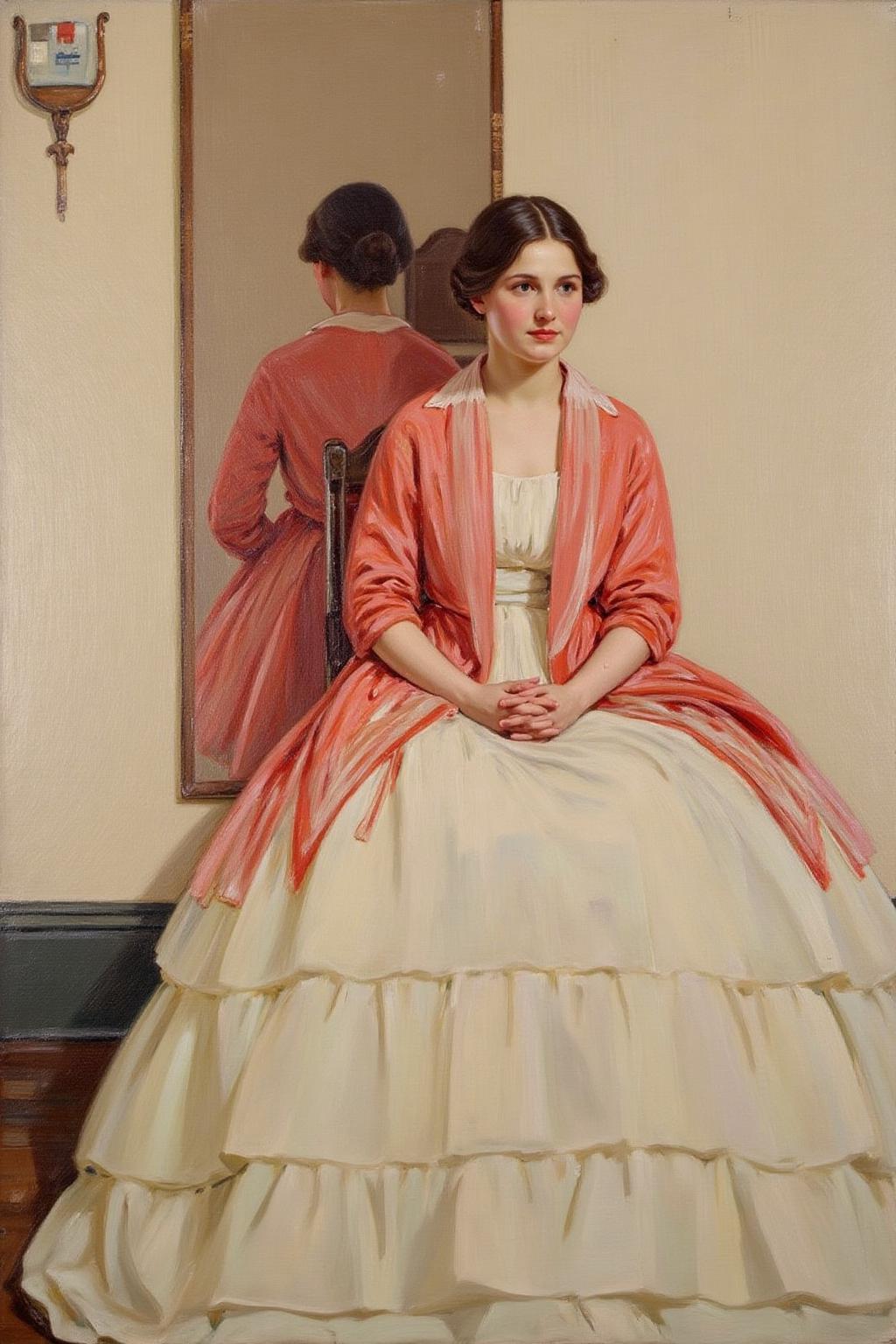 helenmcnicoll2 painting.
A young woman seated in front of a mirror, dressed in an elaborate, voluminous cream-colored gown with multiple layers. The gown's skirt has delicate folds and layers.
 <lora:helenmcnicoll2_cap_d6a3:1.0><lora:838468158668087487:0>