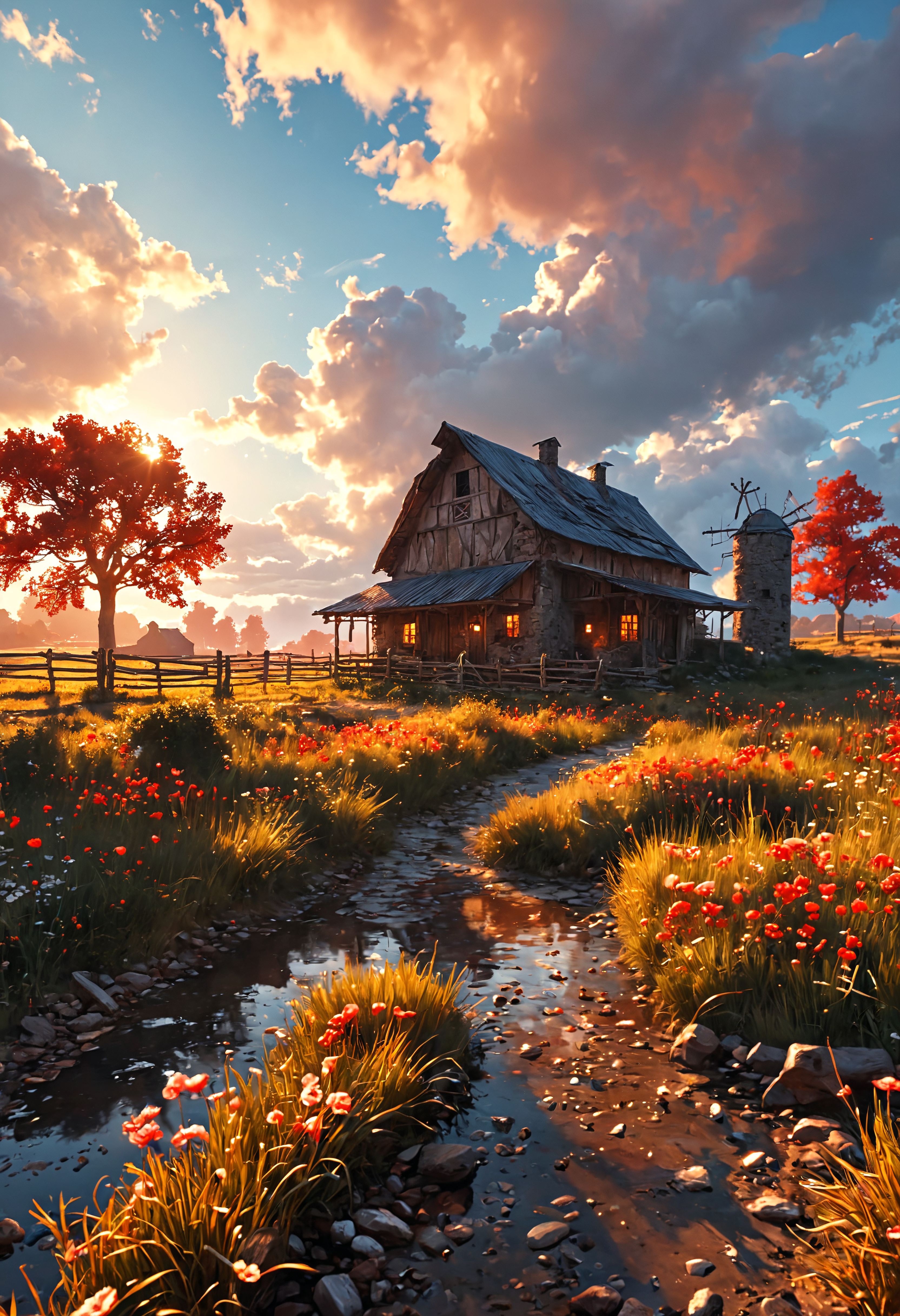 A farm in the Afternoon small cottage in the foreground, In the foreground is a large stone castle, view from the road, Fields on the sides of the farm, red fields in the background, red sky, fantasy, highly detailed, digital painting, artstation, concept art, smooth, sharp focus, illustration, wide angle, artbook, wallpaper, splash art, promo art, dramatic lighting, art by artgerm and greg rutkowski and bo chen and jin <lora:add-detail-xl:1>  <lora:MJ52:0.5>