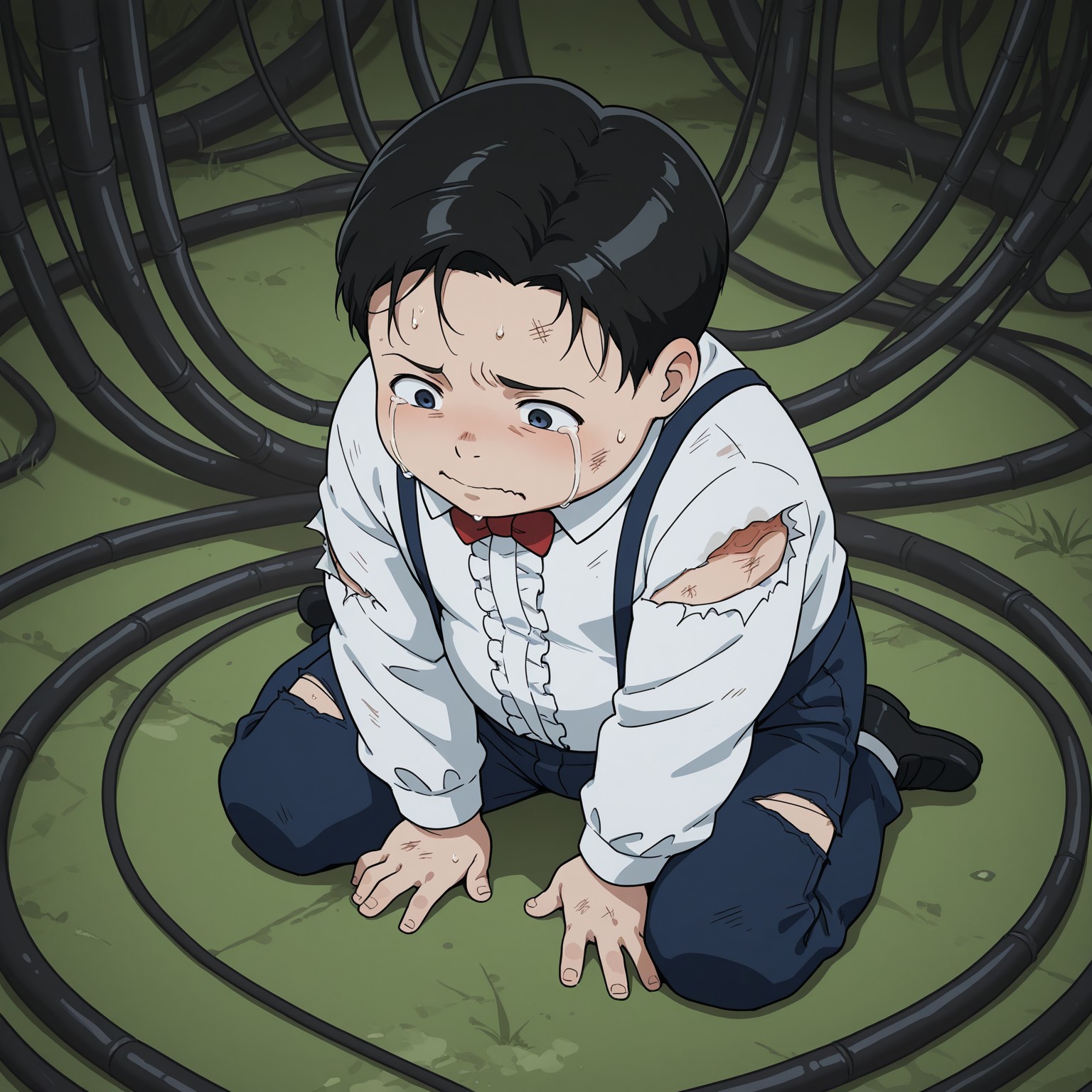 ((masterpiece, best quality, colorful, cinematic ambiance)), high quality, <lora:nicholas-v1:0.9> hxh-nicholas, 1boy, (young), (chubby), red bowtie, white frilled shirt, blue suspenders pants, wariza, from above, injury, torn clothes, blood, unkempt hair, crying, cable background, BREAK perfect hand