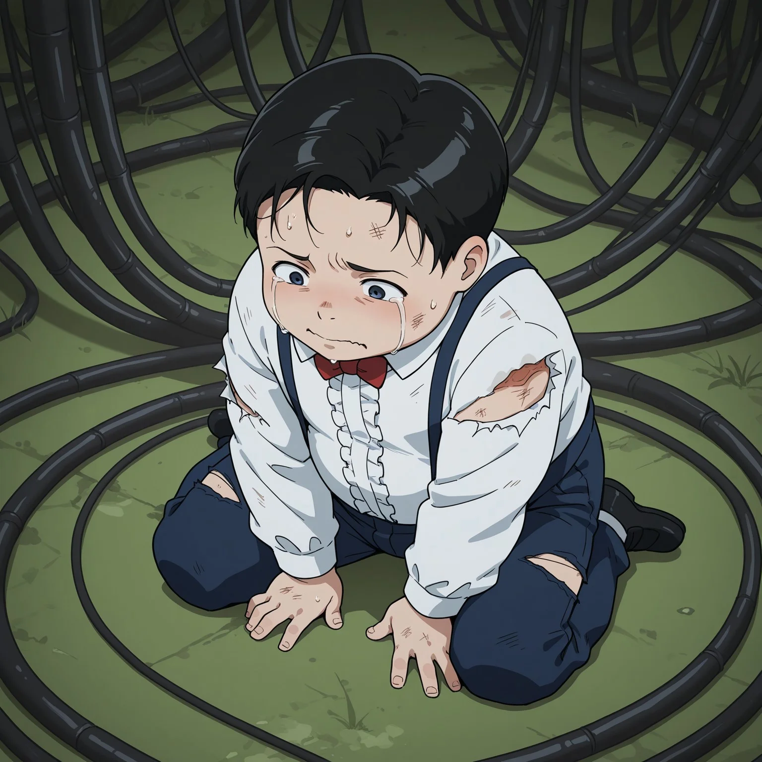 ((masterpiece, best quality, colorful, cinematic ambiance)), high quality, <lora:nicholas-v1:0.9> hxh-nicholas, 1boy, (young), (chubby), red bowtie, white frilled shirt, blue suspenders pants, wariza, from above, injury, torn clothes, blood, unkempt hair, crying, cable background, BREAK perfect hand