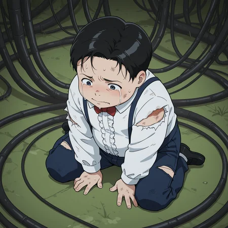 ((masterpiece, best quality, colorful, cinematic ambiance)), high quality, <lora:nicholas-v1:0.9> hxh-nicholas, 1boy, (young), (chubby), red bowtie, white frilled shirt, blue suspenders pants, wariza, from above, injury, torn clothes, blood, unkempt hair, crying, cable background, BREAK perfect hand