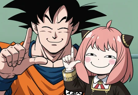 loser gesture, raised index finger, anya \(spy x family\), [anya's heh face \(meme\)], smug, closed mouth, upper body, eden academy school uniform, son goku, 1boy, 1girl, safe, standing, [[[toriyama akira \(style\)]]], blush stickers