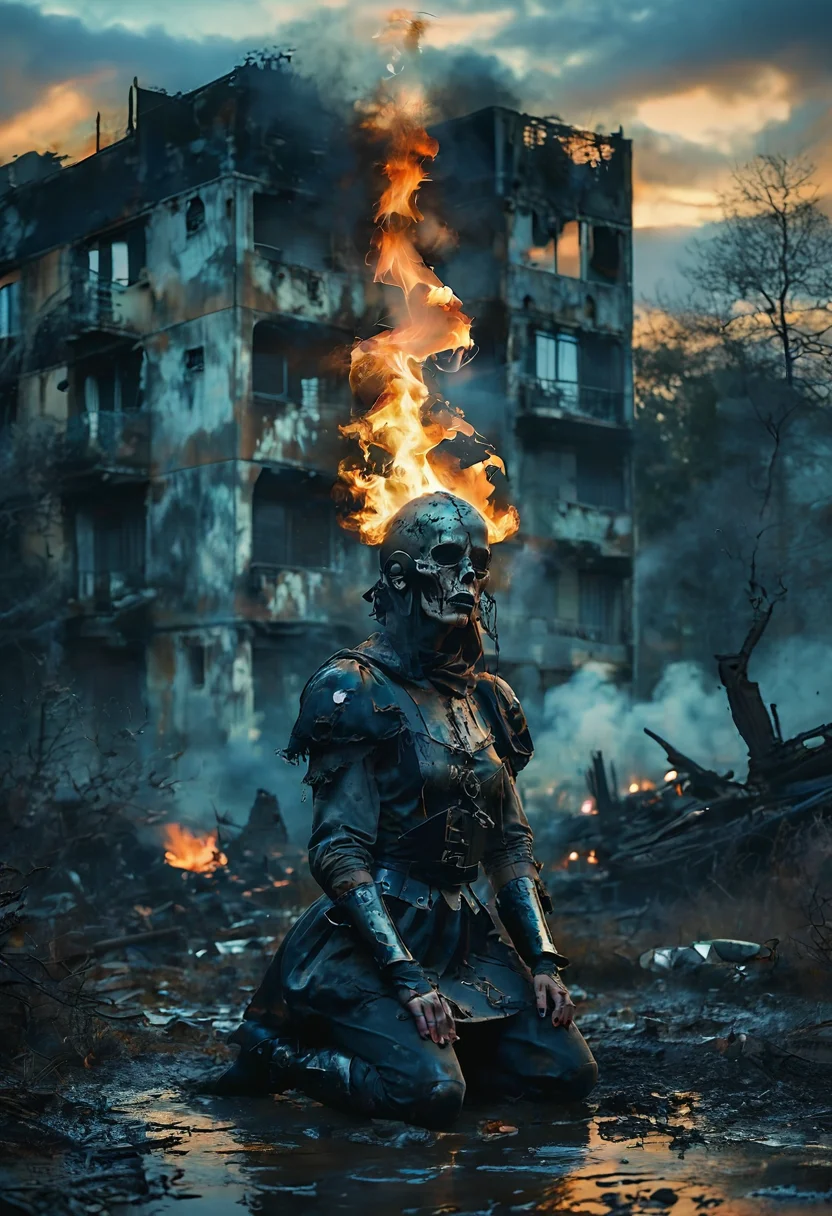 (Full body photograph, ultra-realistic:1.2). score_9, score_8_up, score_7_up, female gothic sexbomb knight , portrait, kneeling, defeated, tired, gothic armor, open helmet, temple, reflections, highly detailed, film grain, <lora:zy_Realism_Enhancer_v1:0.75>
BREAK scenery. sky. outdoors. cloud. fire. building. tree. burning. cloudy sky. smoke. sunset. nature. city. cityscape. blue sky. The photograph captures a moment during sunset with dramatic cloud formations that are tinged by fiery oranges and deep purples against an otherwise muted sky.
<lora:MoodySky_set2:0.67>