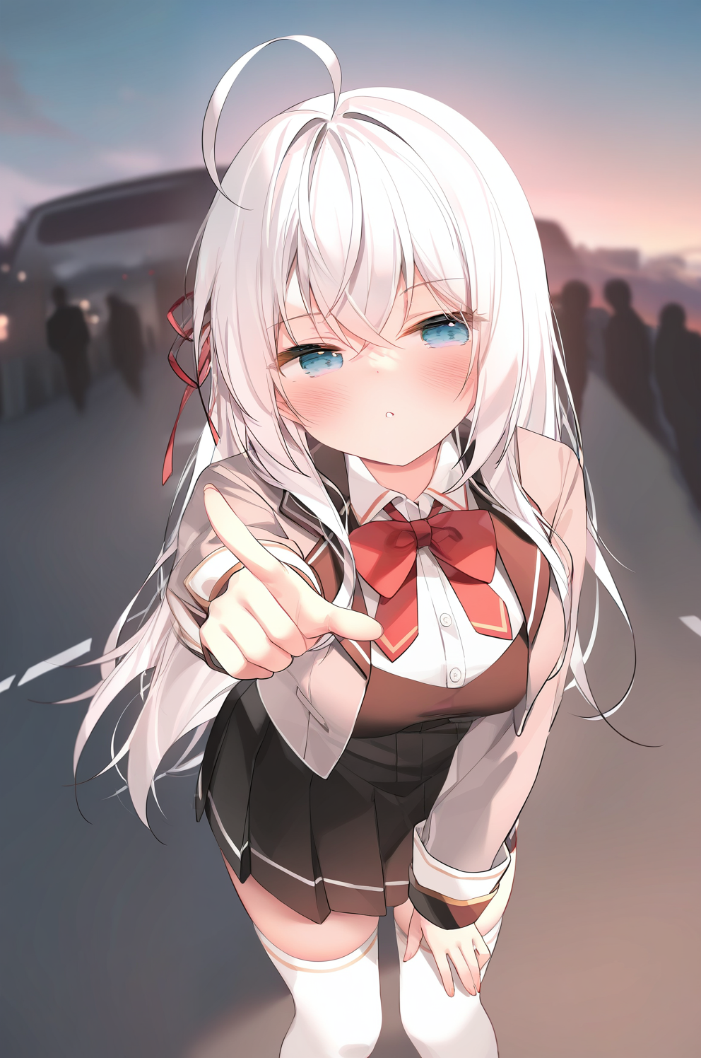 (masterpiece), (best quality), (intricate details, very aesthetic), absurdres, highres, 1girl, <lora:alisa_mikhailovna:1> alisa_wz, white hair, long hair, ahoge, sidelocks, medium breasts,  blue eyes, red ribbon, hair ribbon, school uniform, collared shirt, white shirt, red bowtie, black pinafore dress, pinafore dress,  grey blazer, cropped blazer, long sleeves, black skirt, miniskirt, pleated skirt, crossed bangs, open jacket, buttons, white thighhighs, leaning forward, blush, eyes to the side, pointing at viewer, fisheye, outdoors, people, blurry background, street, nature, cars, cinematic light, sunset, cloud, 2023, chen bin,