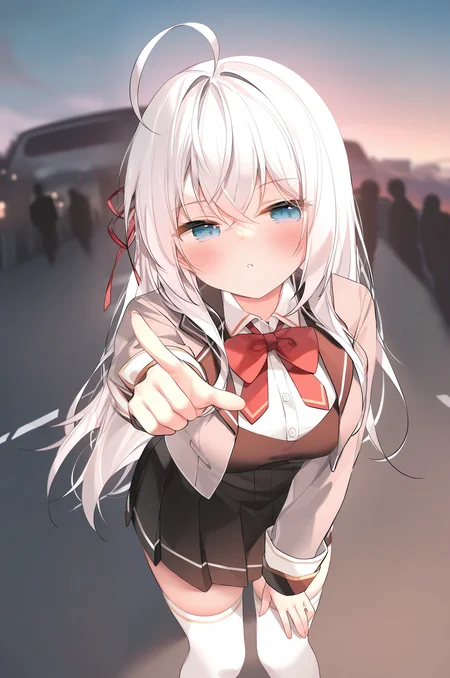 (masterpiece), (best quality), (intricate details, very aesthetic), absurdres, highres, 1girl, <lora:alisa_mikhailovna:1> alisa_wz, white hair, long hair, ahoge, sidelocks, medium breasts,  blue eyes, red ribbon, hair ribbon, school uniform, collared shirt, white shirt, red bowtie, black pinafore dress, pinafore dress,  grey blazer, cropped blazer, long sleeves, black skirt, miniskirt, pleated skirt, crossed bangs, open jacket, buttons, white thighhighs, leaning forward, blush, eyes to the side, pointing at viewer, fisheye, outdoors, people, blurry background, street, nature, cars, cinematic light, sunset, cloud, 2023, chen bin,