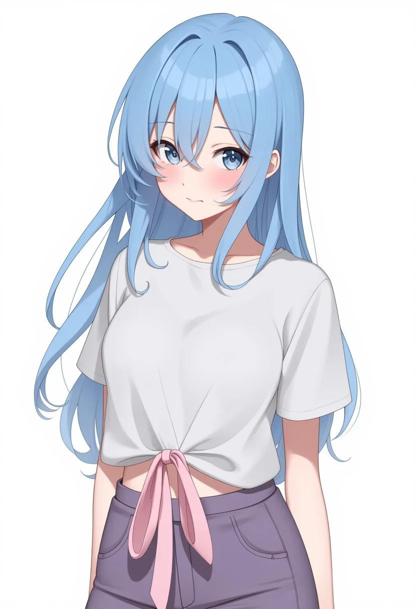 Abbystea style. This is a digital illustration in an anime style, depicting a young woman with long, flowing blue hair cascading down her back. She has a slender, athletic build and is wearing a casual, short-sleeved, light grey t-shirt that accentuates her small to medium-sized breasts. A pink ribbon tied around her waist cinches the loose-fitting t-shirt, adding a playful, youthful touch. Detail eyes, magic eyes, de01