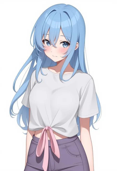 Abbystea style. This is a digital illustration in an anime style, depicting a young woman with long, flowing blue hair cascading down her back. She has a slender, athletic build and is wearing a casual, short-sleeved, light grey t-shirt that accentuates her small to medium-sized breasts. A pink ribbon tied around her waist cinches the loose-fitting t-shirt, adding a playful, youthful touch. Detail eyes, magic eyes, de01